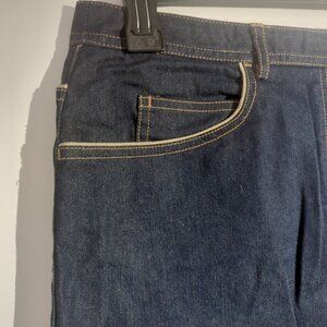 TAHARI EUC Denim Jeans Skirt Knee Length Tan Trim Pocket Front Slit Dark Wash 14